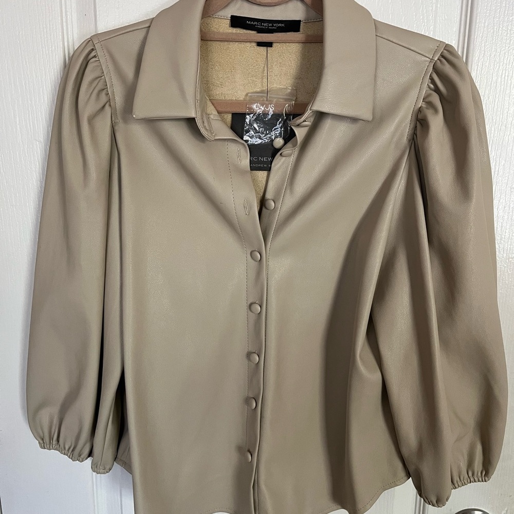 NWT Andrew Marc New York Faux Leather Button Up Shirt